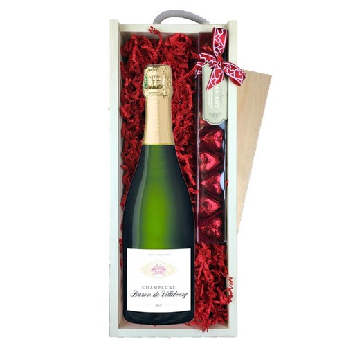 Baron De Villeboerg Brut Champagne 75cl & Chocolate Praline Hearts, Wooden Box